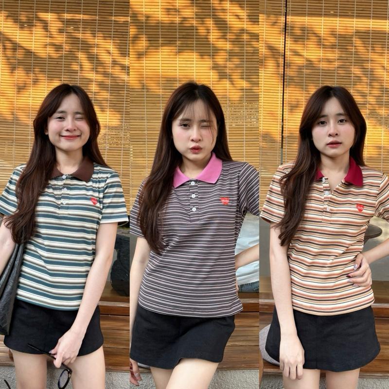 (คละสี) เสื้อโปโลแขนสั้นลายทาง รุ่น Airi LM29 ปักหัวใจแดง สไตล์เกาหลี ผ้ายืด นุ่ม ใส่สบาย ขนาด S M L