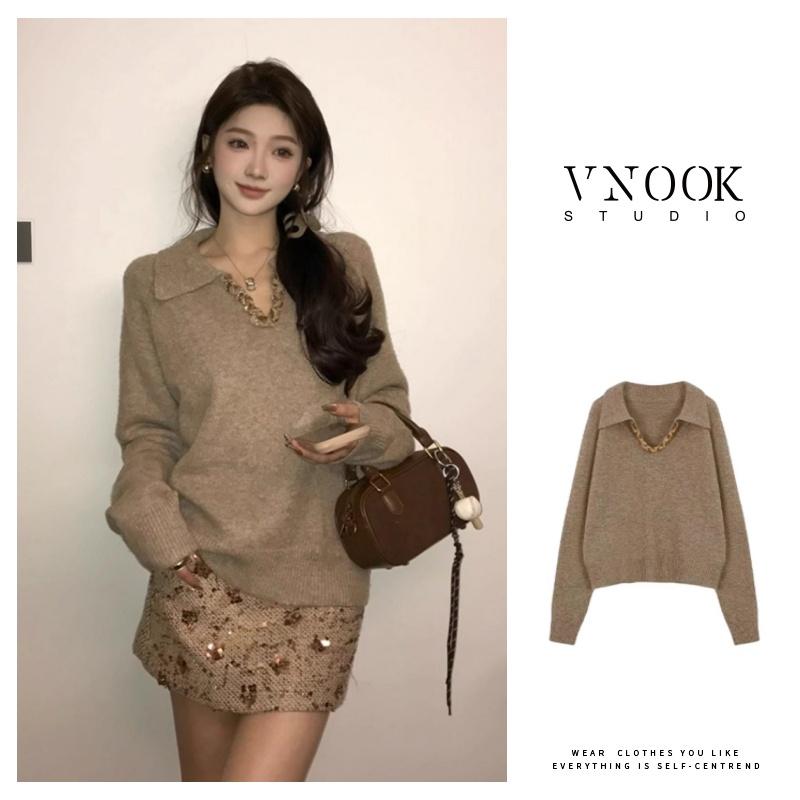 【VNOOK Áo Len Cổ Chữ V, Dáng Rộng Vừa Vặn, Dành Cho Nữ, Thời Trang, Áo Len Thường Ngày Bao Gồm Chân Váy Ngắn, Bộ Đồ Mùa Thu Và Mùa Đông Mới