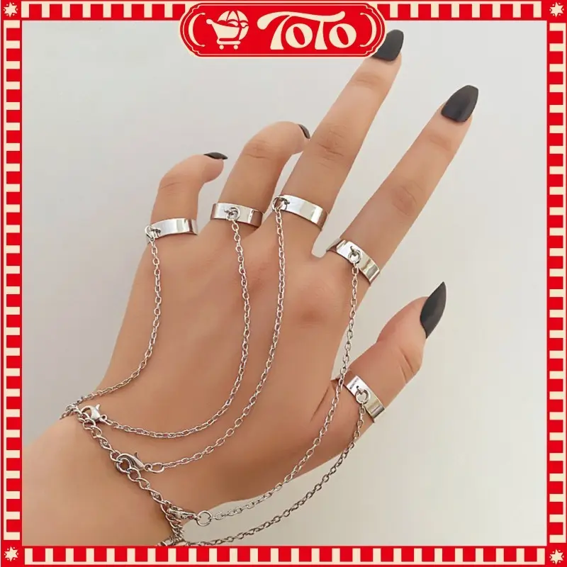 Gelang Rantai 5 Jari Model Gaya Punk Hip Hop Desain Geometris Kombinasi Silver Untuk Pria Dan Wanita Set Gelang Tangan Cincin