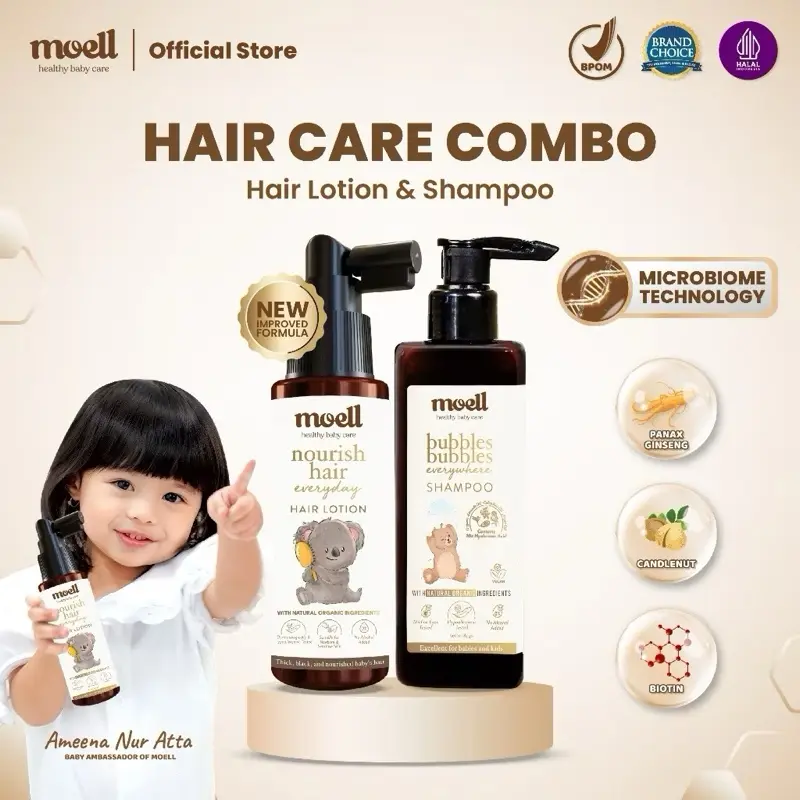 Moell Hair Care - (Shampoo 185ml & Hair Lotion 100ml) - Hair Care with Panax Ginseng, Kemiri, Biotin - Perawatan Rambut Bayi & Anak pikaru kondisioner sakura anti-ketombe Travel Smooth shampoo non rambut rontok Smoothing Keratin Haircare sampo penumbuh 1