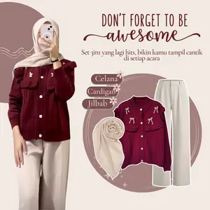 One Set Outfit Lucu Wanita (Cardigan Pita + Celana Kulot + Jilbab Segi Empat) Atasan Maroon HO42N