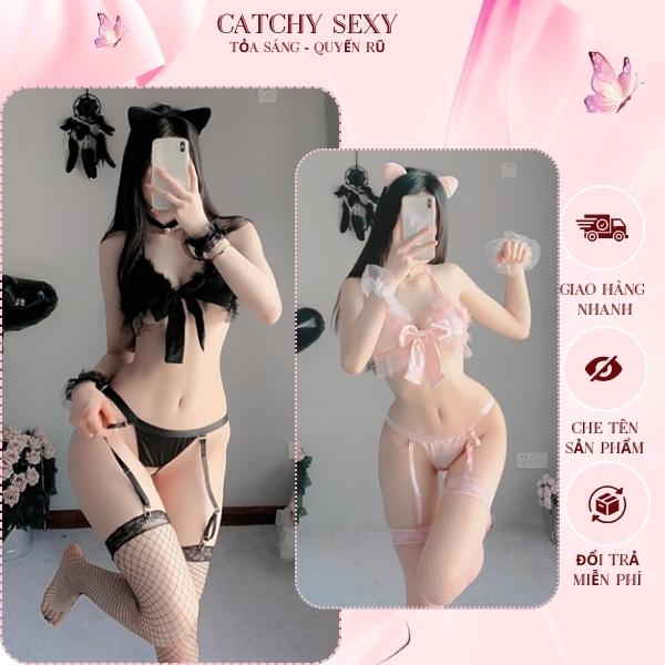 Bộ đồ ngủ Hóa trang phong cách mèo DN11, Thiết kế nội y cosplay sexy, giúp nàng thêm bí ẩn và quyến rũ