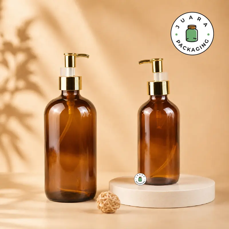 Botol Kaca Amber Coklat Pump Gold 500ml 250ml – Wadah Sabun Cair Lotion Shampoo Skincare Minyak Aromaterapi Refill Botol Kosmetik Isi Ulang Tebal Elegan dengan Tutup Pump Warna Emas Premium