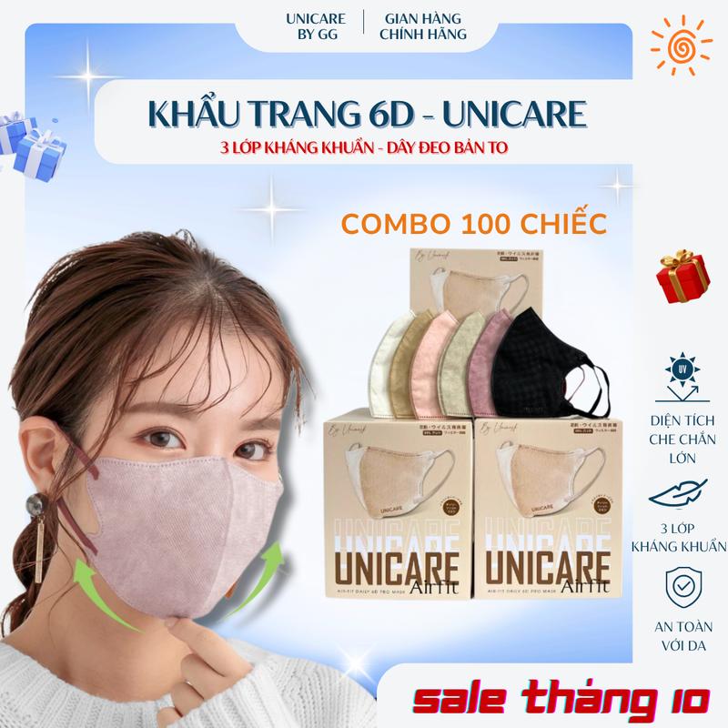 Combo 100 Khẩu Trang 6D Unicare Mỏng Mềm Thoáng Khí Chống Nước Lọc Bụi Quai Bản To Mềm Mịn Cho Nam Nữ