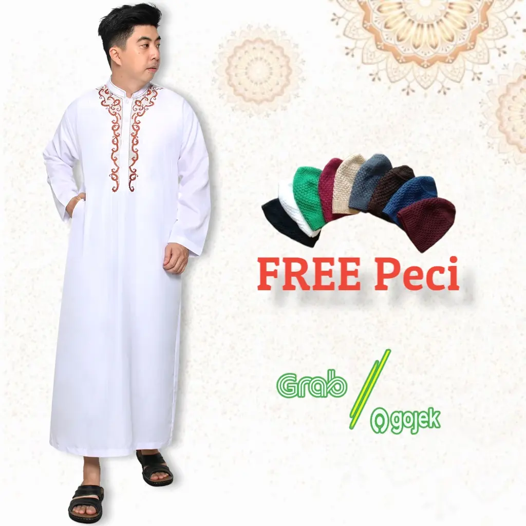 Promo Jubah Gamis Pria Dewasa Putih Panjang Bordir G11 Free Peci