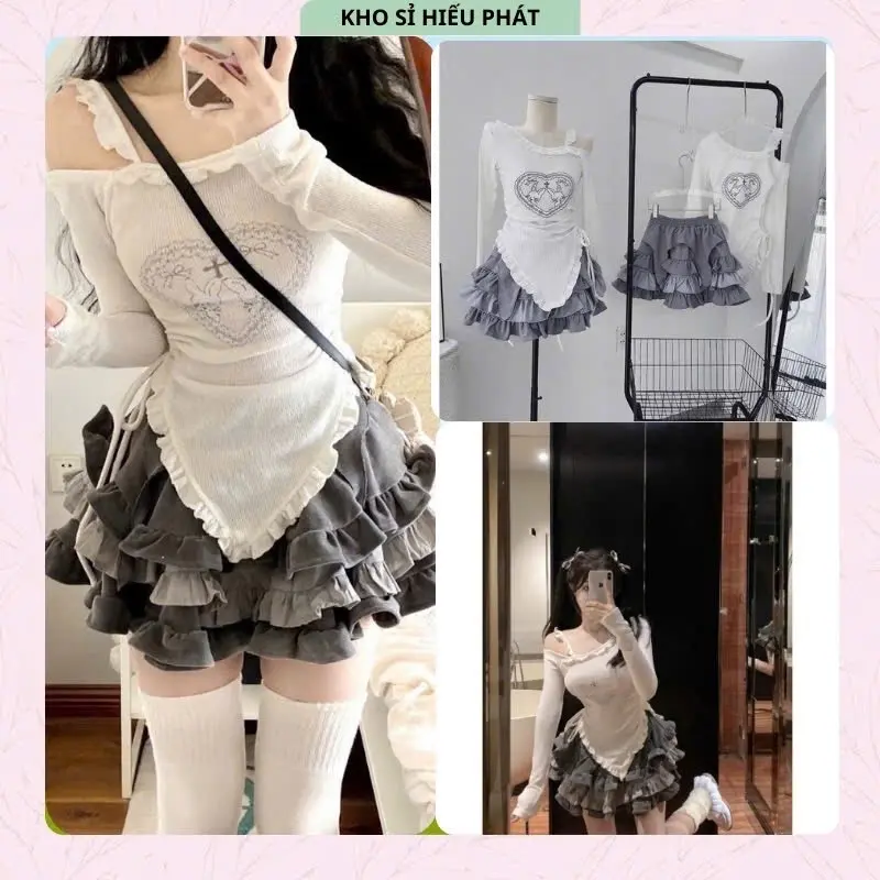 Set Váy Lolyta Bánh Bèo Chân Váy Xám Tầng Ngọt Ngào Xinh Xắn - Size SM 0