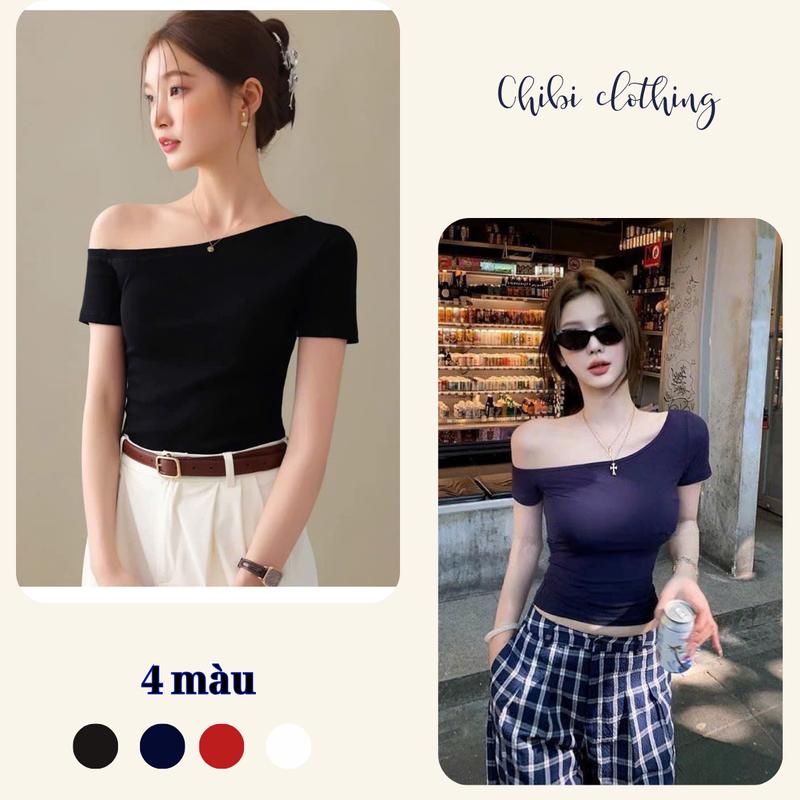 DEAL MỞ BÁN CB010 Áo thun nữ ngắn tay lệch vai cổ trễ Chibi nhiều màu mùa hè ôm body phong cách năng động