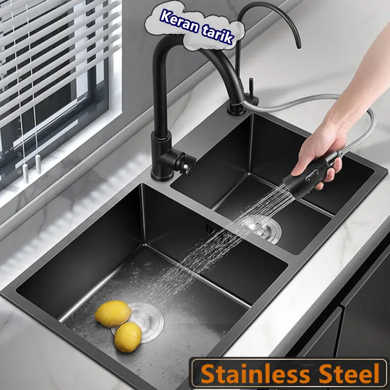 Wastafel Cuci Piring Kitchen Sink Bak Dapur Paket Super Komplit Full Hitam Satu Lubang Stainless Sus 304 Dijamin Anti Karat Kran Set Baja Black 1