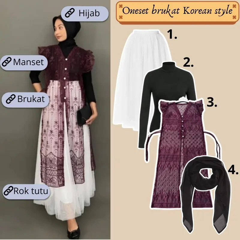 Set Outer Tunik Brukat Kondangan 4in1 Tunic Brukat+Rok tutu+Manset+Hijab Setelan Wanita Korean Look 0