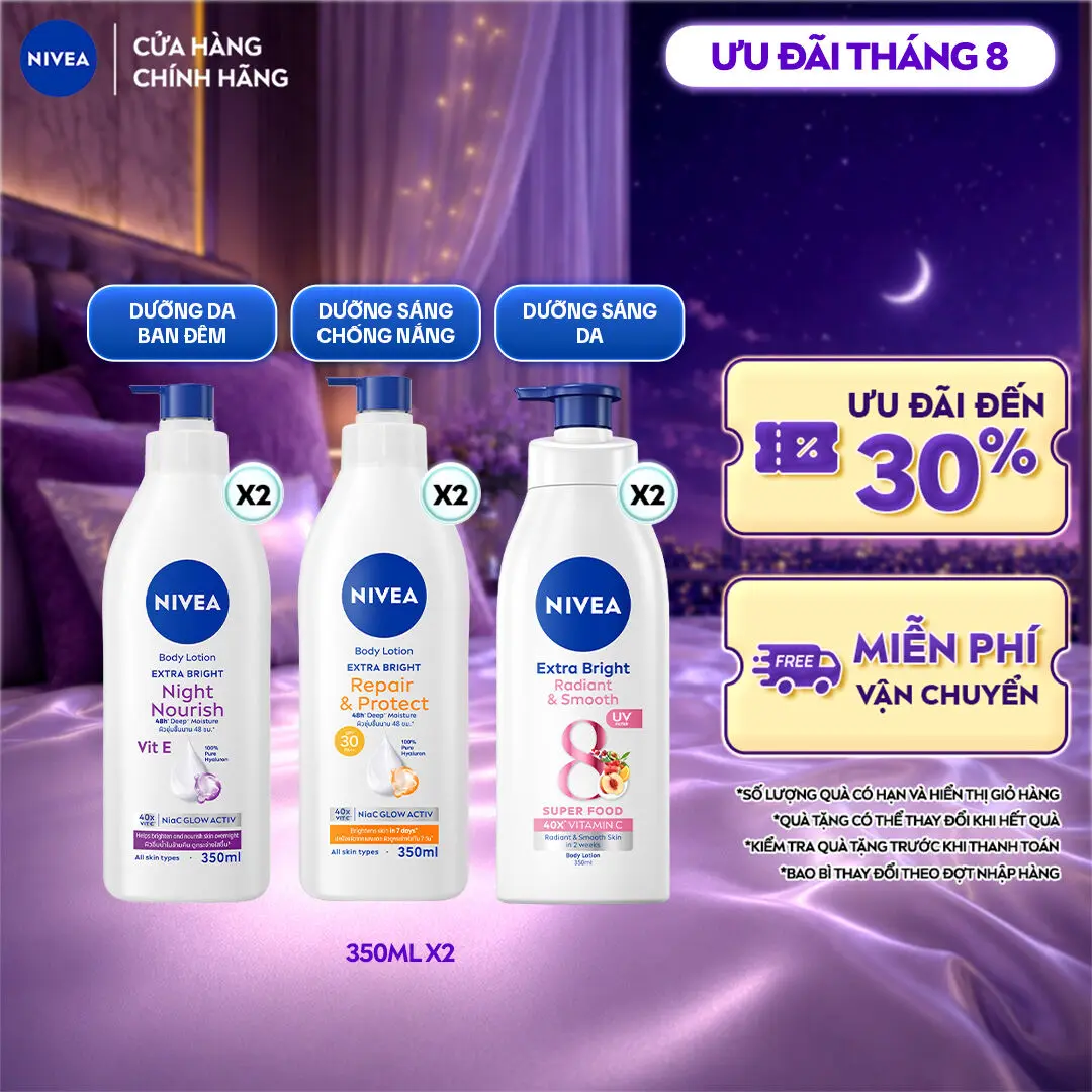 Bộ 2 Sữa Dưỡng Thể NIVEA Extra Bright Dưỡng Sáng Mịn Da/Chống Nắng Ban Ngày/Sáng Da Ban Đêm (350mlx2) - 88311/98413/98412