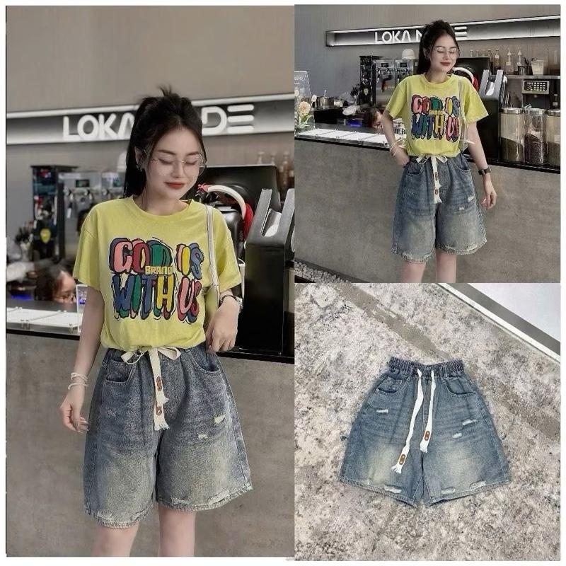 ￼( qn 00-2) NT701 quần ngố jean lưng thun phối dây rách có size big size xl-4xl 50-90kg