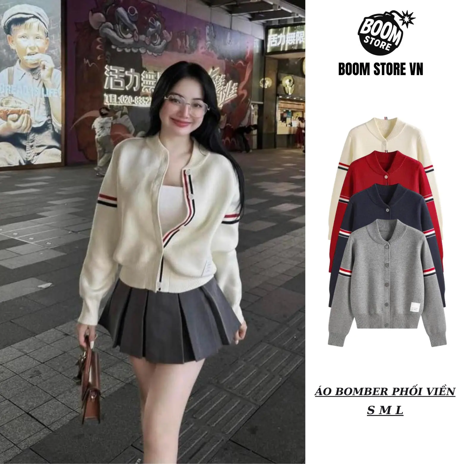 [XẢ KHO - NỈ 2 DA CHUẨN] Áo Khoác Bomber Phối Viền Nổ Đính Cúc ,Áo Khoác Nữ Kẻ Sọc Hottrend  – BY BOOM STORE