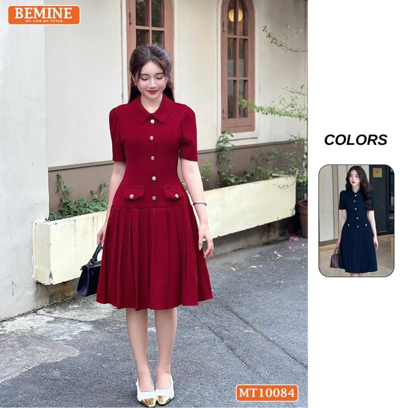 Đầm thiết kế BEMINE cổ đức đính cúc dáng chữ A tùng váy đuôi cá xếp ly phù hợp đi làm đi tiệc-MT10084