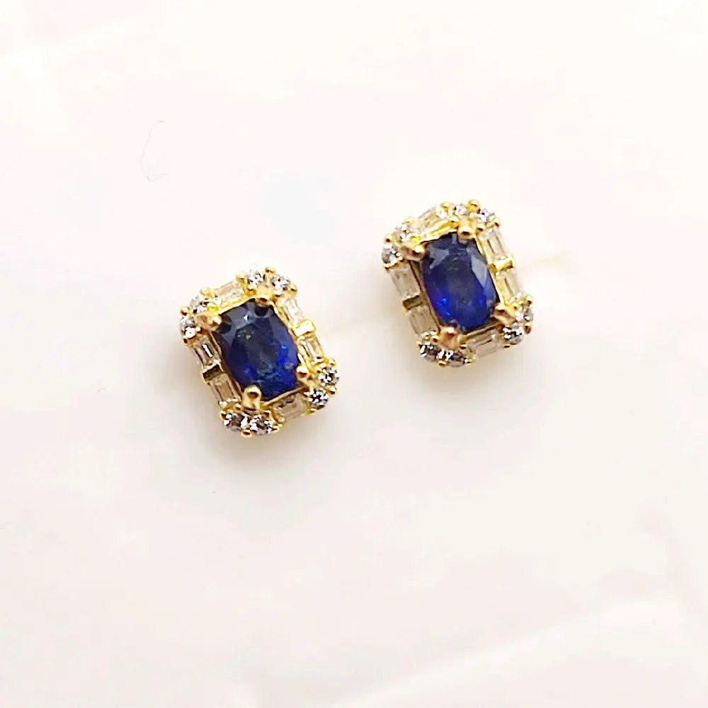 Natural Blue Sapphire Silver Yg Ear Studs