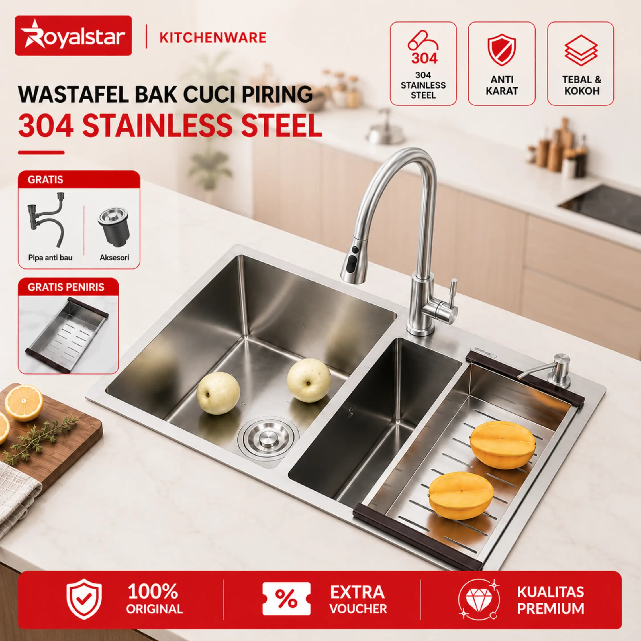 [PROMO] Royalstar Kitchen Sink Wastafel Tempat Cuci Piring Premium Stainless Anti Karat Gratis Peniris Bak Cuci Piring Dengan Kran Tarik Modern Perlengkapan Dapur
