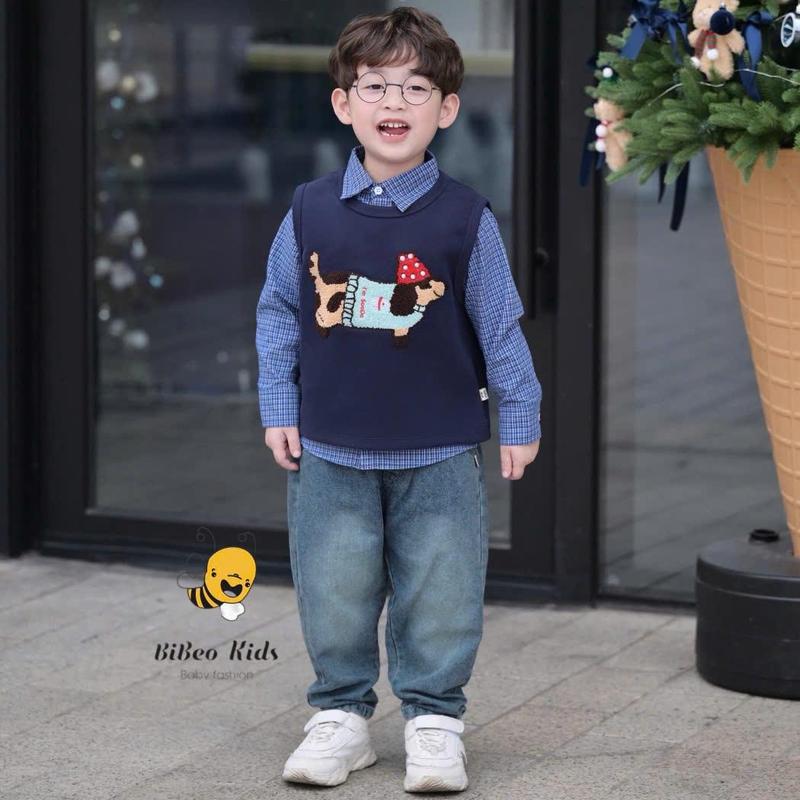 BiBeo Kids SÉT 3 CHI TIẾT BỘ QUẦN ÁO GHILE CÚN SƠ MI XANH QUẦN BÒ cho bé trai Bộ quần áo ghile sơ mi cho bé trai