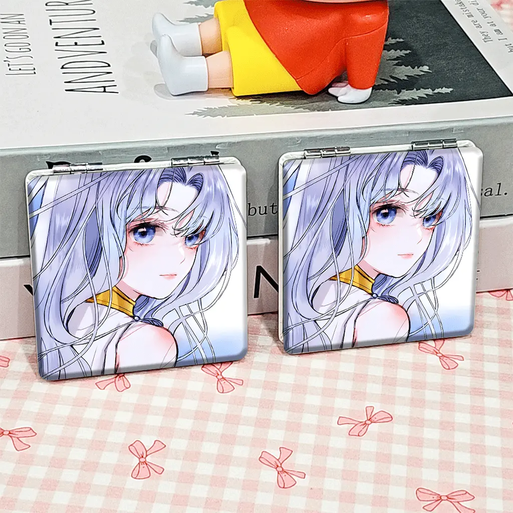 Portable Foldable Makeup Mirror, Anime GirlBlue HairBlue Eyes Pattern, Mini Hand Cosmetic Mirror, Student Pocket Mirror, Trendy Compact Mirror, Cute, Double Sided Mirror, Non-Slip Handheld