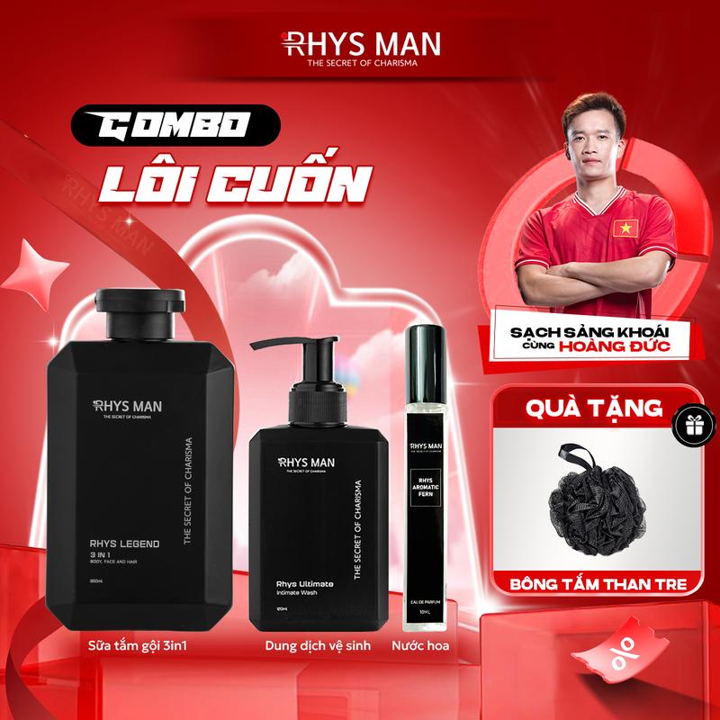 Combo Lôi Cuốn RHYS MAN - Sữa tắm gội hương nước hoa cao cấp 350ml & Gel vệ sinh nam 120ml & Nước hoa 10ml Hương hoa cỏ, hương gỗ, hương biển | Tặng 1 set Hộp & Túi Dưỡng Thể