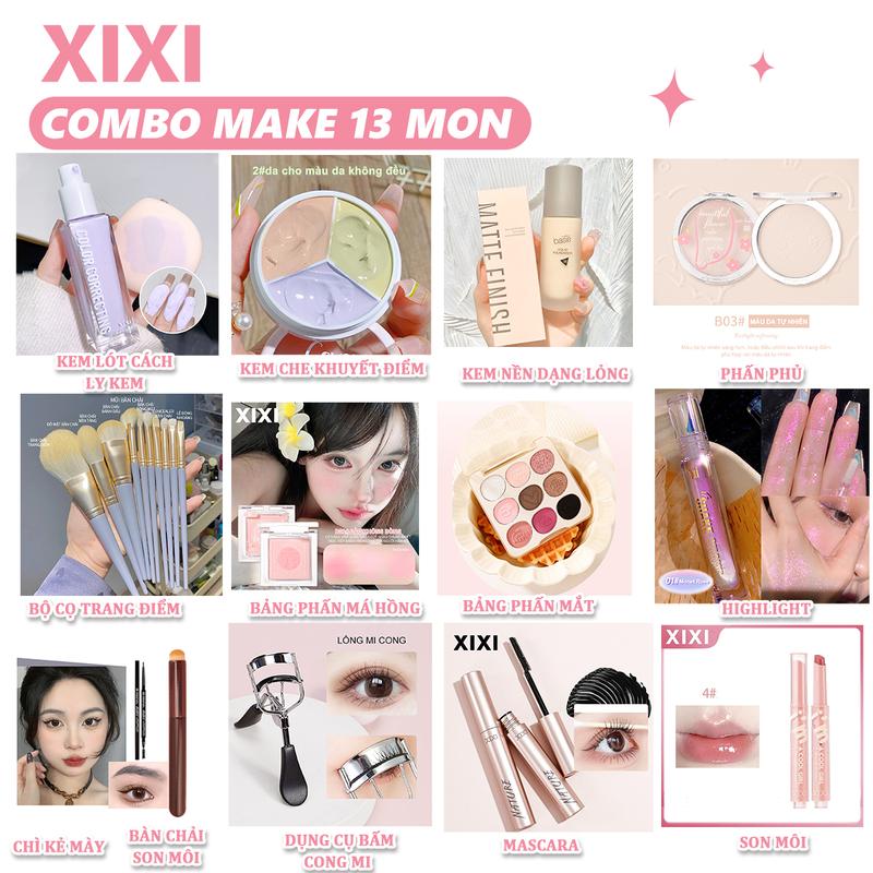 Bộ Trang Điểm Đầy Đủ Make Up 13 Món cá nhân XiXi Phấn nước Son môi Kem BB kem che khuyết điểm Phấn má hồng Cọ trang điểm Highlight Chì kẻ mày Mascara Phấn Phủ Kem Lót Cách Ly Kem Chì kẻ mày bộ  makeup