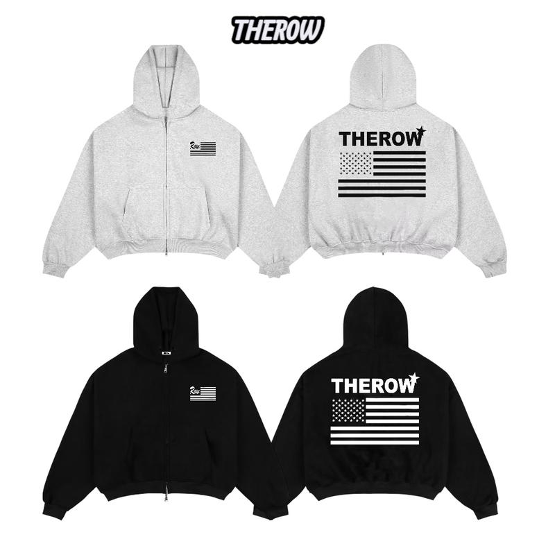Áo Khoác Hoodie Zip THEROW Khoá Kéo 2 chiều nỉ 2 da 350gsm Form Big Boxy Basic Có Túi Trong " Cờ Mỹ " Cao Cấp