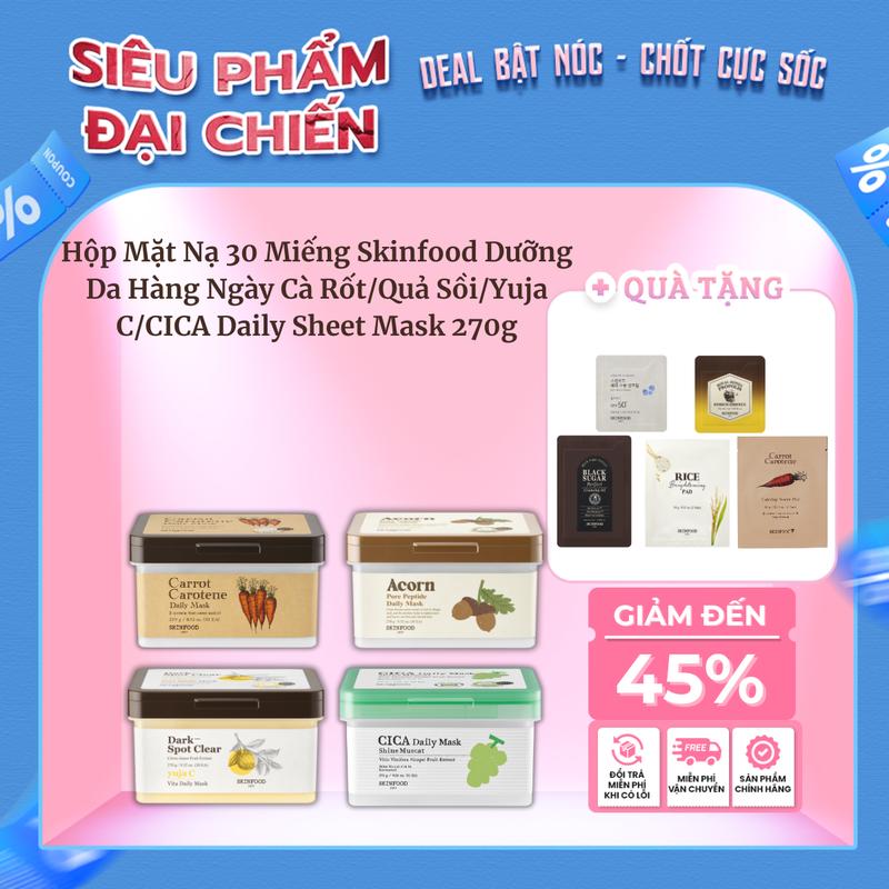   LOK  Hộp Mặt Nạ 30 Miếng Skinfood Dưỡng Da Hàng Ngày Cà Rốt Quả Sồi Yuja C CICA Gạo Khoai Tây Daily Sheet Mask 270g 