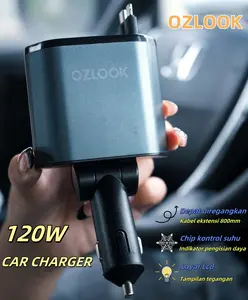 OZLOOK Car Charger Mobil 120W Pengisian Daya Super Cepat USB & Type-C Adaptor 800mm Kabel LED Tegangan Real-Time 4-in-1 Lipat 180°
