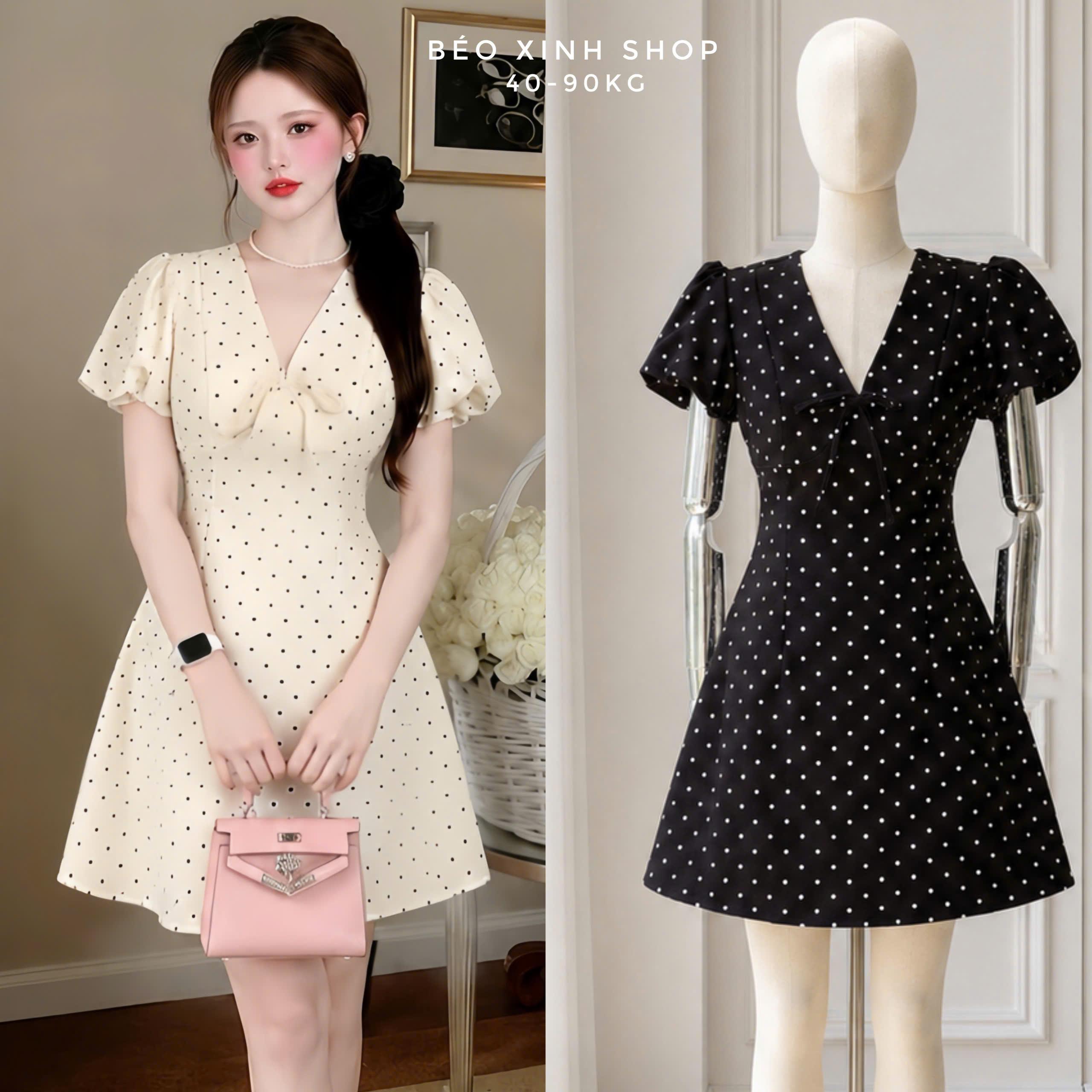 Váy Ngắn Chấm Bi Cổ V Thắt Nơ Tay Phồng, Form Xòe Tôn Dáng Có Bigsize 40–90kg - A.1864