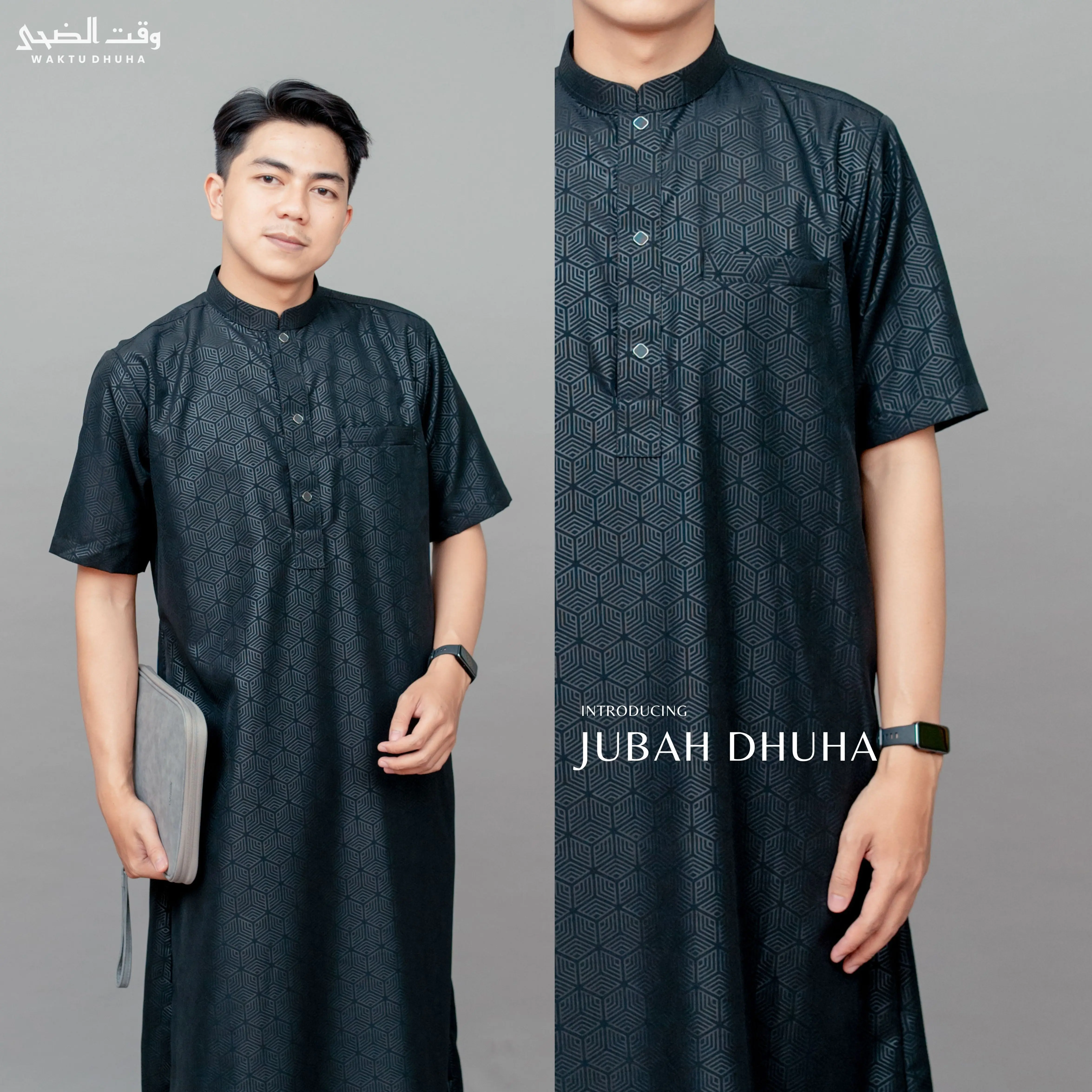 WAKTU DHUHA - Jubah Dhuha gamis pria muslim casual lengan pendek jubah slimfit bahan embos motif anti gerah