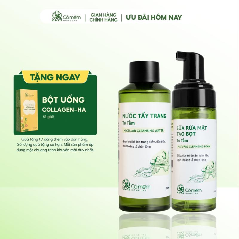 Bộ Chăm Sóc Da 2 Bước Nước Tẩy Trang Và Bọt Rửa Mặt Tơ Tằm Cỏ Mềm