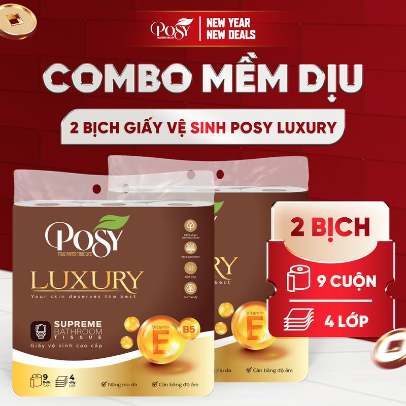  Posy - Combo 2 Bịch Giấy Vệ Sinh POSY LUXURY 9 Cuộn 4 Lớp Mềm Mịn & Dày Dặn Bổ Sung Vitamin E & Pro Vitamin B5 