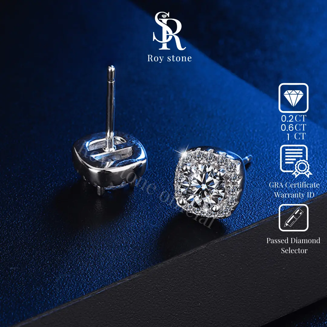 RoyStone - Anting Wanita Moissanite Sertifikat GRA Original Lapis Emas - Square Earrings