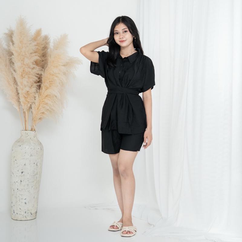 ROSYA || Ciara One Set Atasan Celana Pendek / Setelan dan Tali Pinggang Korean Style Linen Baju 1