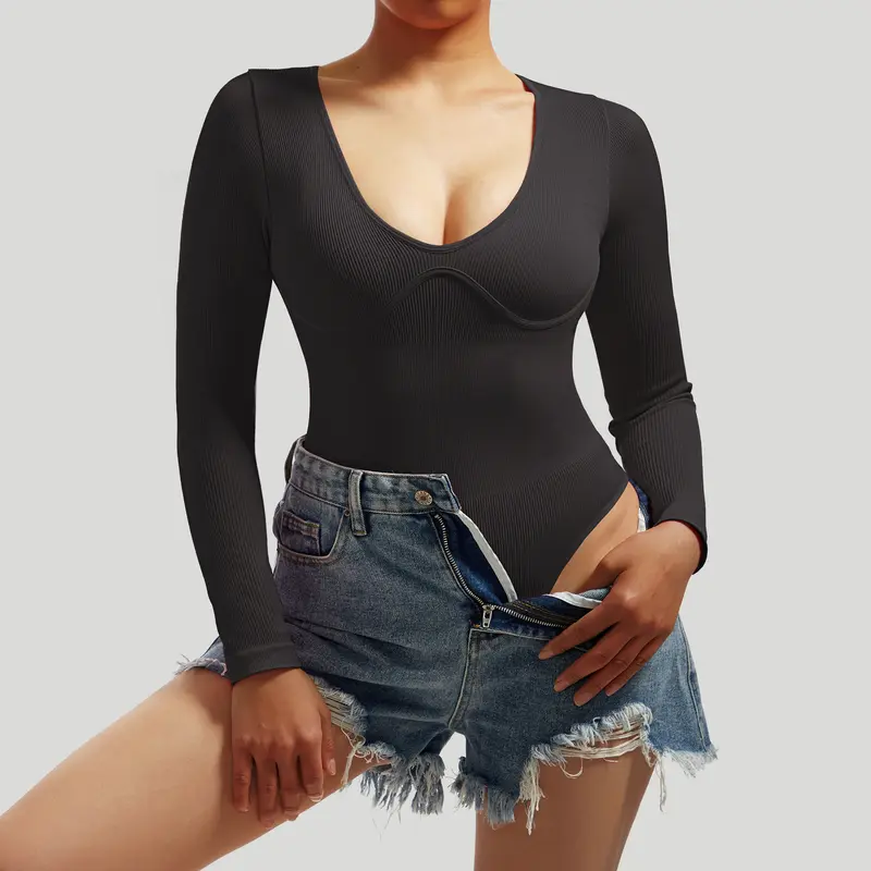 Mooslover Women Ribbed Sexy Long Sleeve Bodysuit 5