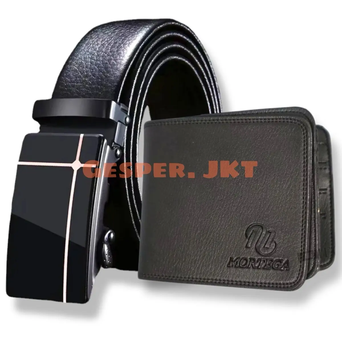 Gesper Ikat Pinggang Pria Hitam 120cm Kulit Sintetis + Dompet Lipat 3 Brown Hampers Giftbox Hadiah Sabuk