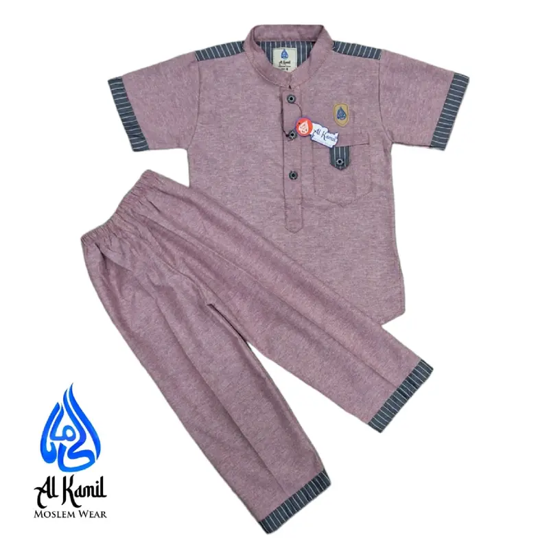 Setelan Kokokurta Anak Laki-Laki Bahan Katun Oxford dengan (Variasi Salur) Atasan Baju Muslim Lembut Celana Panjang Nyaman Kain Kombinasi Pendek 4