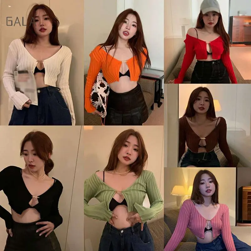 「Free Shipping」Deep V Low-cut Sexy Metal Letters Fashion Navel Exposure knitted Cardigan Top Women's slender Short Shawl
