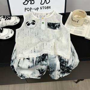 SCBEBEスタイリッシュキッズセット：パンダと竹のプリントショートパンツ付きノースリーブTシャツ AT966