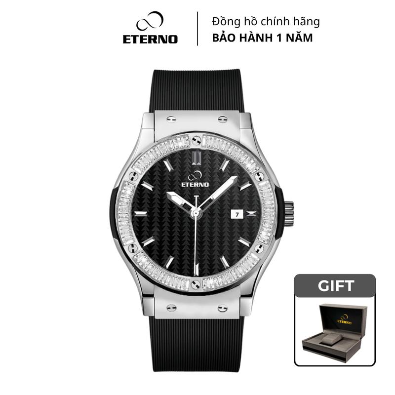 Đồng Hồ Nam ETERNO E25-0070 Dây Cao Su Đen, Viền Đính Đá Cao Cấp Pin Fullbox