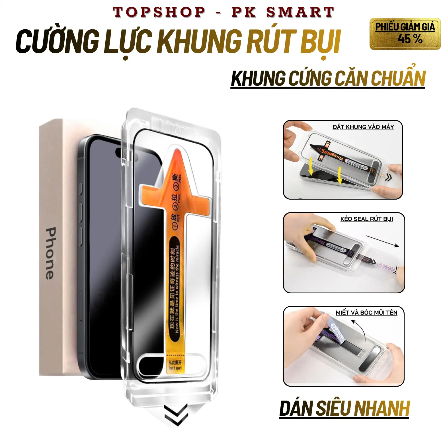 Kính Cường Lực Khung Rút Bụi Tự Dán Black Arrow - Full Màn Hình - Dễ Dán - Phủ Nano Trơn Mượt -Dành Cho iPhone 16 Promax 15 Promax 14 Promax 13 Promax 12 Promax 11 Promax X Xs max Xr 11 Pro