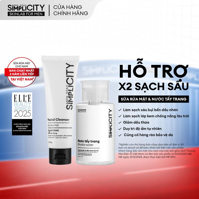 [MỚI] Bộ sản phẩm cho nam 2 bước hỗ trợ làm sạch sâu bụi bẩn dầu thừa Men Stay Simplicity Cleansing Duo gồm: Sữa rửa mặt, Nước tẩy trang 200ml