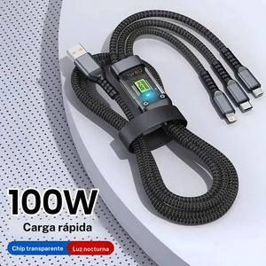 Cable de carga para teléfono 3 en 1 de 100W, Cable cargador rápido USB a Tipo-C, Cable cargador para teléfono móvil para iPhone 15 14 Samsung Xiaomi Huawei