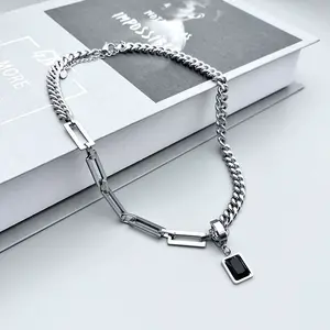 Kalung Kotak Hitam Titanium Steel Hip Hop Unisex untuk Wanita Pria
