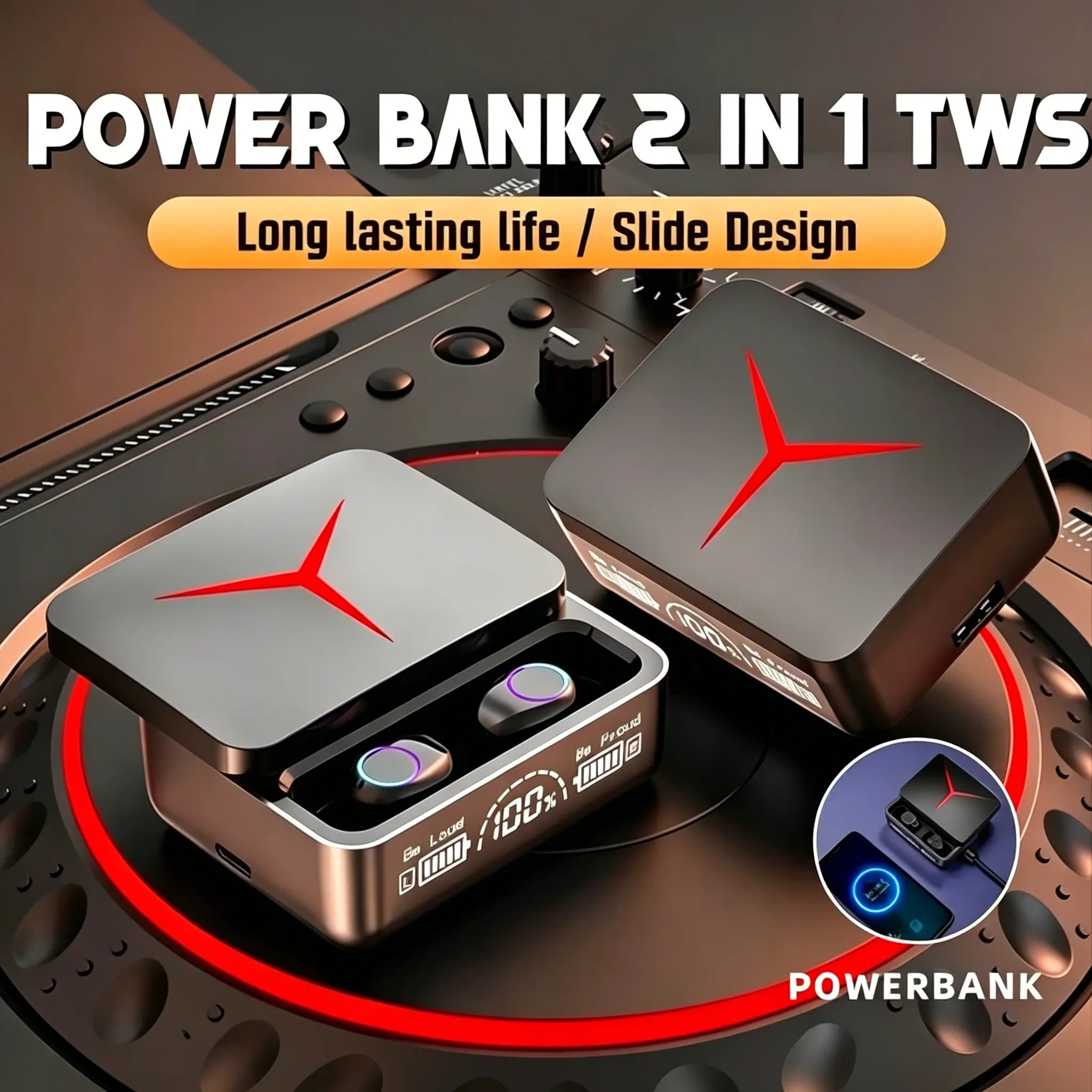 [COD] Earphone Bluetooth M90 TWS Gaming Pro Bluetooth 5.3 ENC Powerbank 1200mAh LED Display Hitam Baru
