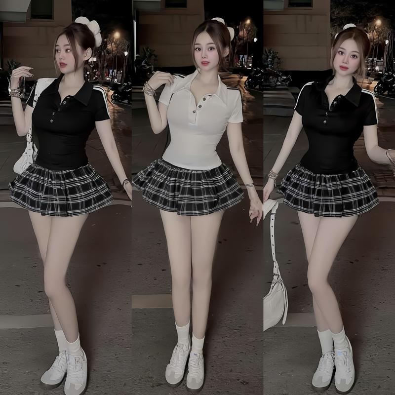 Set Váy Hottrend Tôn Dáng Thiết Kế Áo Thun Tăm Cổ Trụ Cài Nút  Chạy Viền Tay Ngắn  Phối Chân Váy Xoè Caro Chất Kate Dày Dặn ( Lót Trong Cùng Chất ) Sành Điệu Trẻ Trung Năng Động Cho Nữ