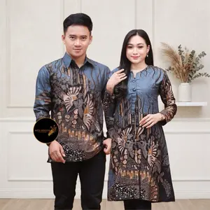 Atasan Batik Tunik Couple Pasangan Muslim Bahan Kain Katun Halus Seragam Batik Wanita Jumbo Motif Tarung Abu