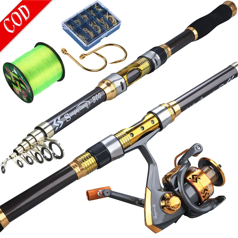 Sougayilang 2.1-3.6m joran pancing Serat Karbon joran pancing laut joran teleskopik 5.2:1 Rasio kecepatan rotasi Emas reel pancing Max 10Kg Murah Kualitas Baik Peralatan Pancing untuk Memancing Di Luar Ruangan 0