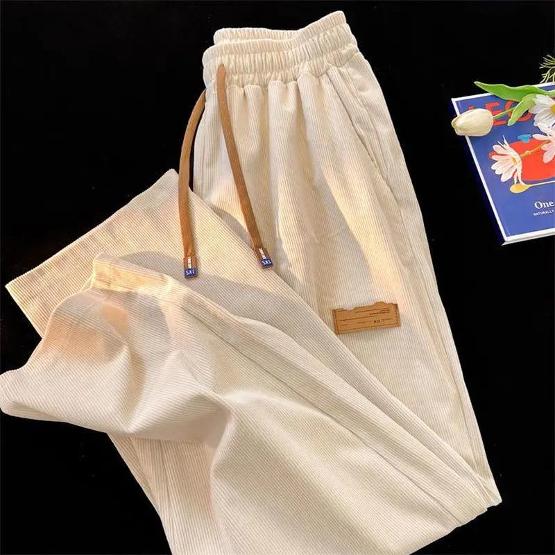 GDTIMA Celana Corduroy Wanita Elastis High Waist Baggy Straight Pants