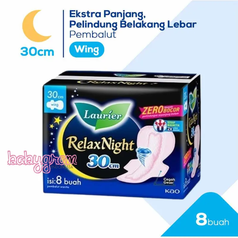 Laurier Relax Night 30cm isi 8 pcs Pembalut WING / Ada Sayap 8buah Pembalut malam Babygram 0