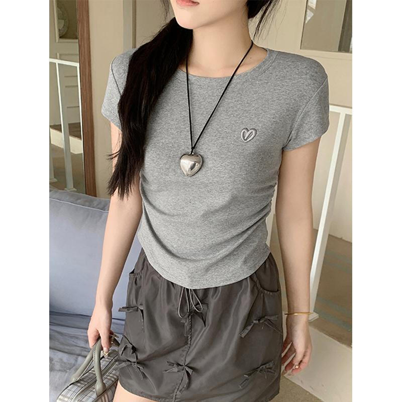 Kaus pendek leher bulat bordir cinta putih atasan seksi fashion wanita gaya Korea Baju Jersey 6