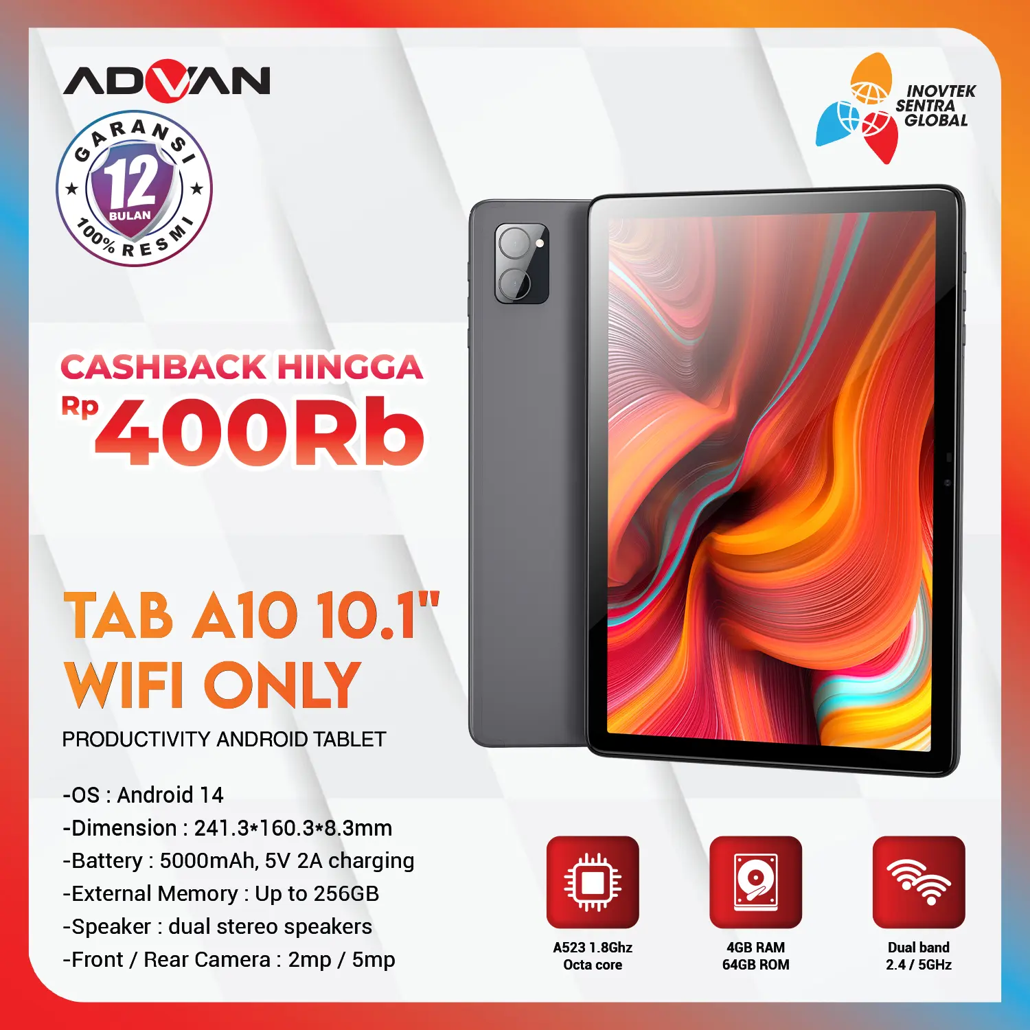 ADVAN TAB A10 Wifi Only 4GB/64GB | Layar 10.1” | Tablet Android 14 | Garansi Resmi